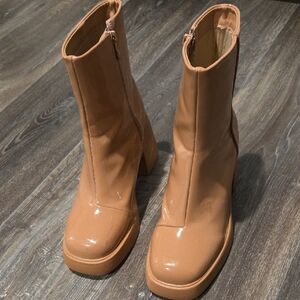 Platform Ankle Boots in Tan Patent